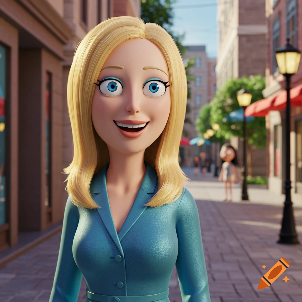 A cheerful 3D animated woman with blonde hair and blue eyes, wearing a teal blazer, smiles on a city street.