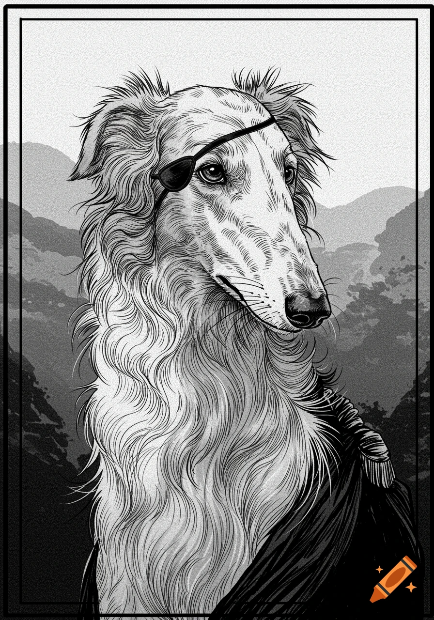 Black and white line art portrait of a borzoi dog wearing an eyepatch, with mountains in the background.