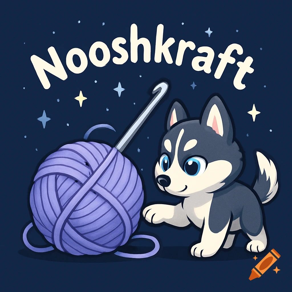 Cartoon husky puppy next to a ball of purple yarn and a crochet hook, with stars in the dark blue background and the word 'Nooshkraft' above.