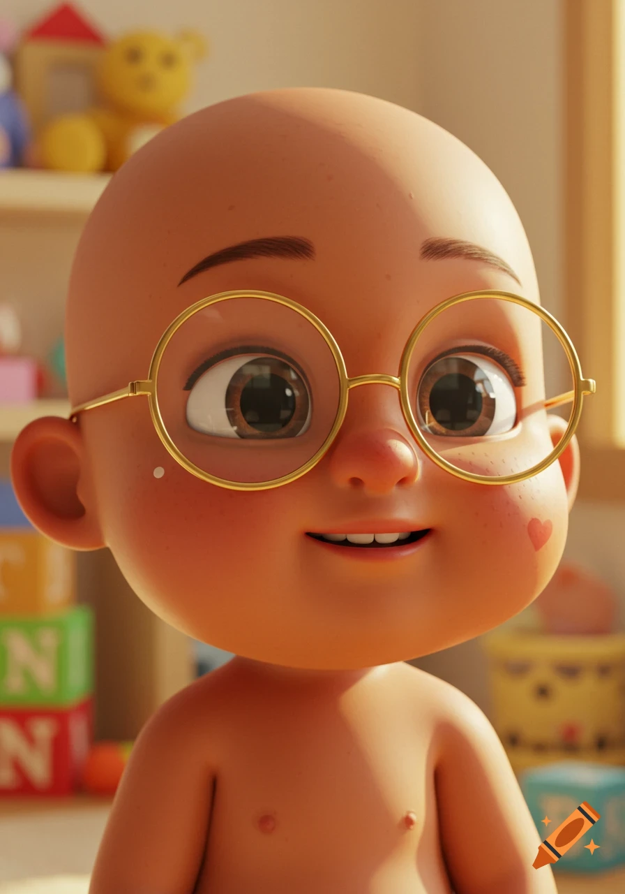 Close-up Pixar-style portrait of a smiling bald toddler wearing round glasses, with a heart mark on their cheek.