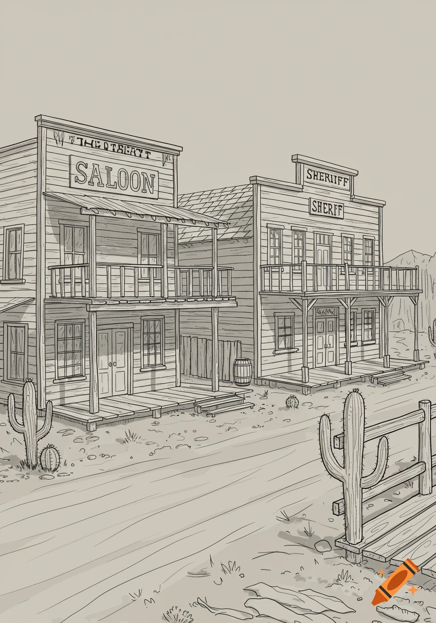 Line art drawing of two Old West buildings, a saloon and a sheriff's office, with cacti in a desert setting.