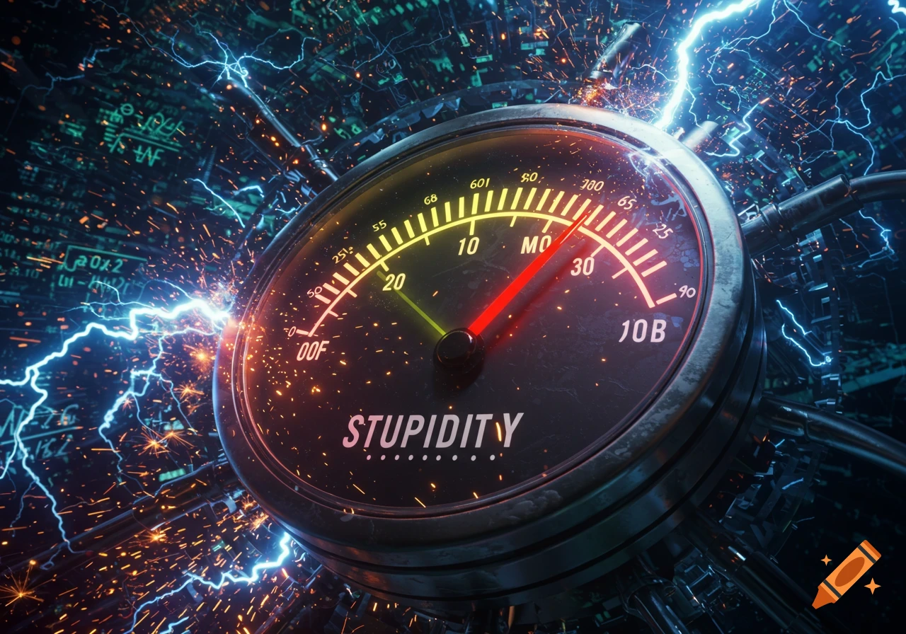 A stylized, dark gauge or meter labeled 'STUPIDITY' with its needle maxed out and surrounded by bright blue lightning bolts and orange sparks against a tech-like background.