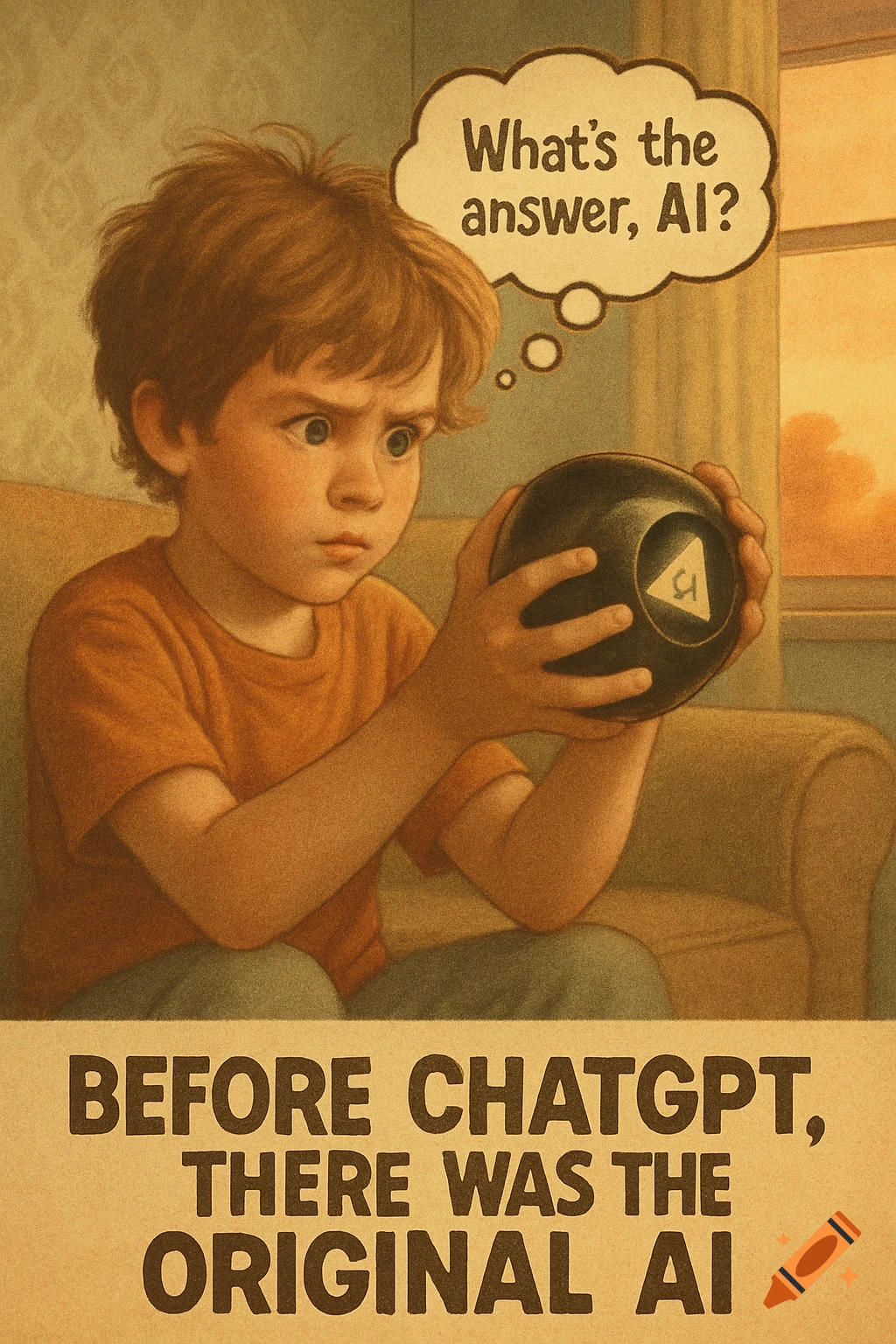 A child intently shakes a Magic 8-Ball, with a thought bubble saying 'What's the answer, AI?' and the caption 'Before ChatGPT, there was the original AI.' Nostalgic illustration style.