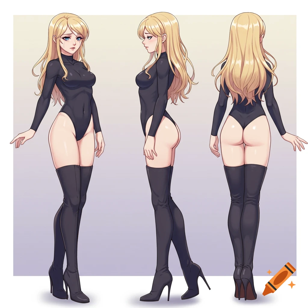 Anime woman with long blonde hair and blue eyes, wearing a black leotard and high-heeled knee boots, shown in front, side, and back views.