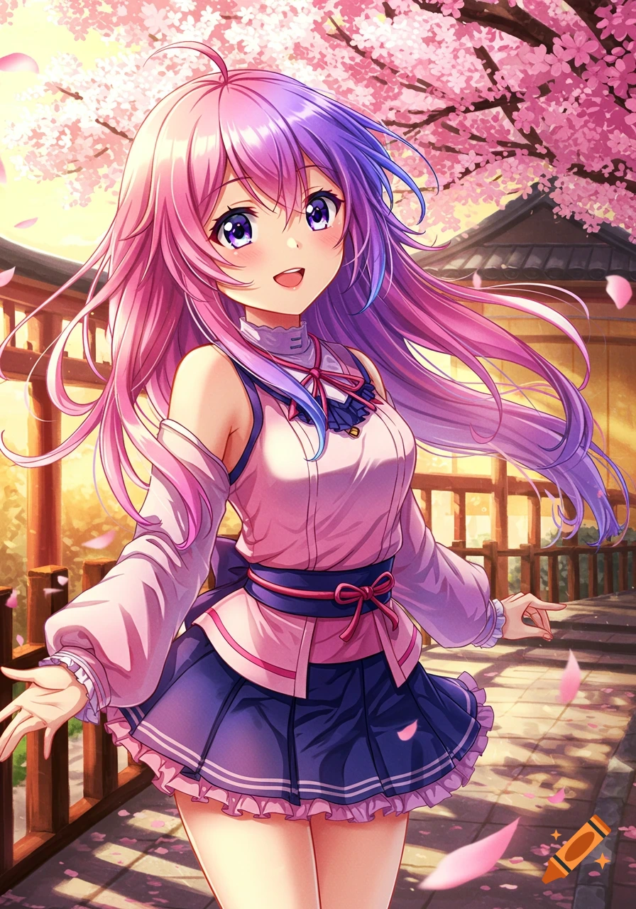 Anime girl with pink and purple hair smiling under cherry blossom trees with falling petals and traditional Japanese architecture in the background.
