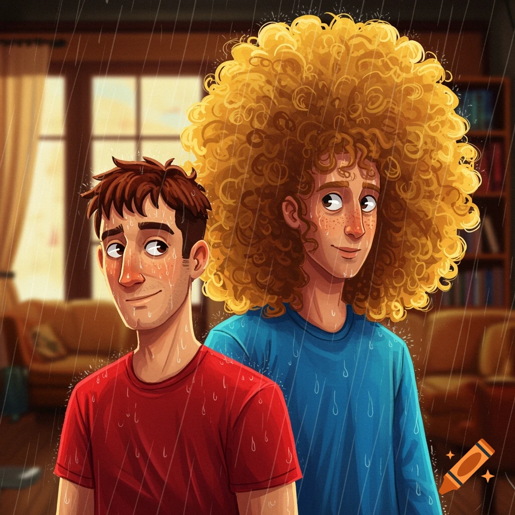 Two wet men, one with spiky brown hair and a red shirt, the other with huge blonde curly hair and a blue shirt, look relieved indoors. Illustration.