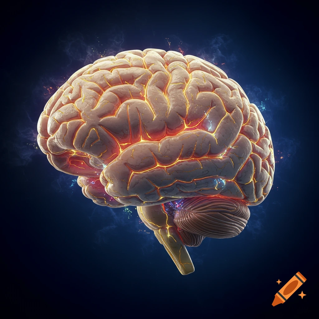 A detailed 3D rendering of a human brain glowing with orange and blue neural activity against a dark, cosmic background.