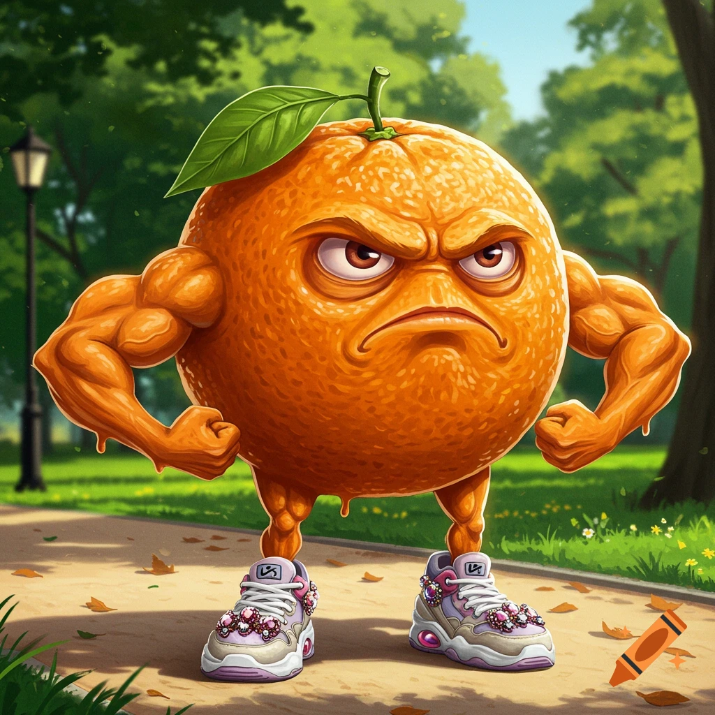 A grumpy, muscular cartoon orange wearing stylized sneakers stands on a path in a park.