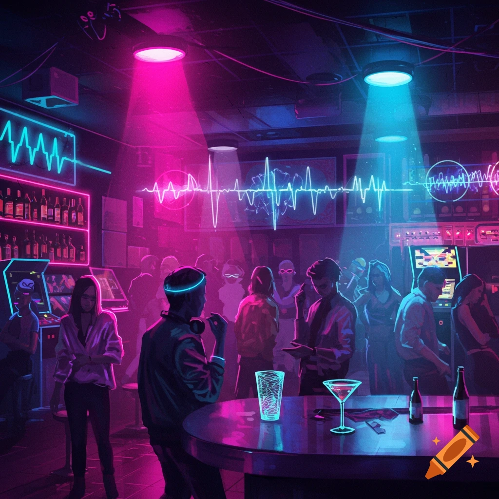 A vibrant synthwave bar scene filled with people and glowing neon lights.