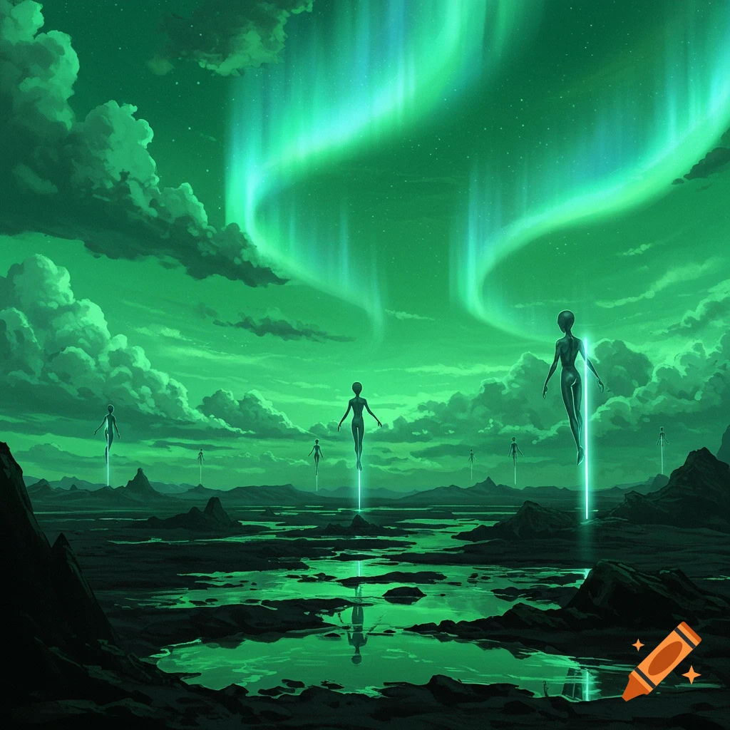 Green-skinned aliens levitate over a reflective alien landscape under a vibrant green aurora borealis in a sci-fi art style.