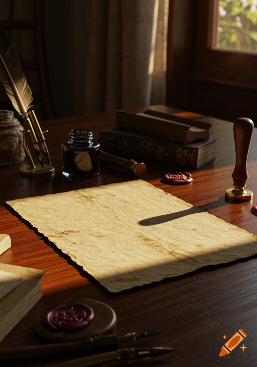 A vintage desk setup with a quill, inkwell, blank parchment paper, wax seals, and old books, bathed in warm sunlight from a window.