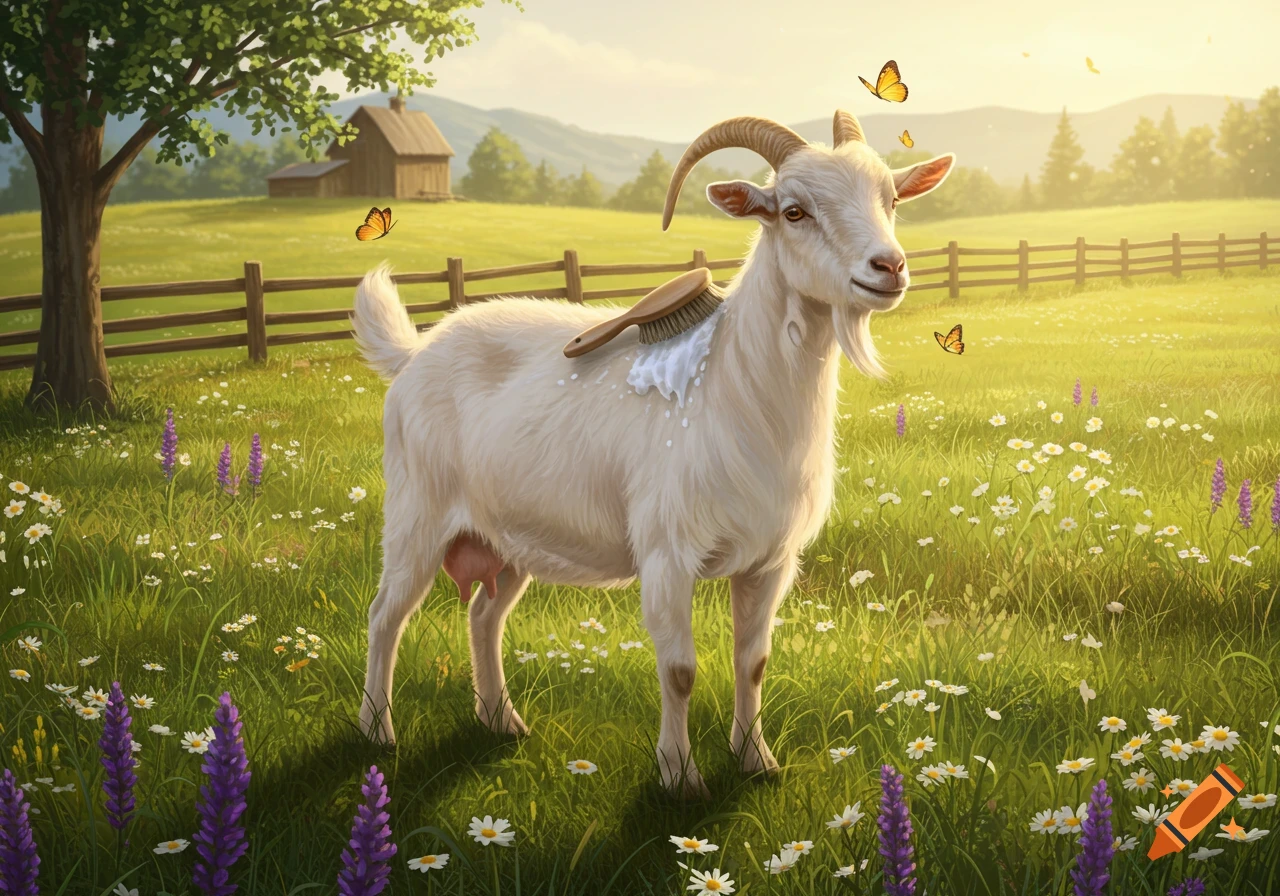 A white goat stands in a sunny field with a brush on its back and butterflies flying around.
