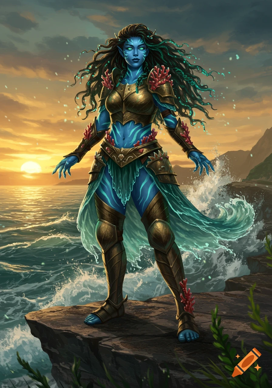 A full-figured female water genasi paladin with blue skin, teal markings, and dark, teal-highlighted hair, stands in bronze armor and a flowing teal skirt on a rocky cliff by a stormy ocean at sunset.