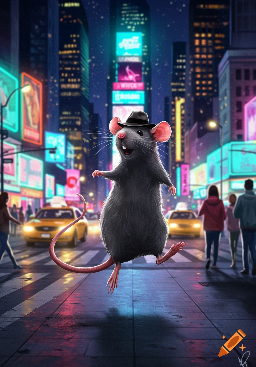 A cheerful cartoon rat wearing a fedora hat dances in a vibrant New York City street at night.
