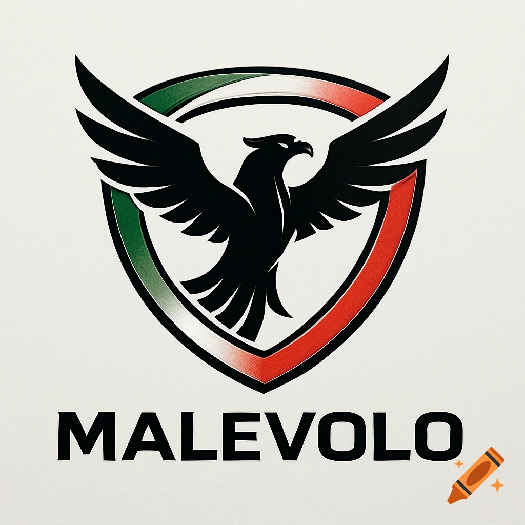 Black eagle logo on a shield with green, white, and red stripes, above the word MALEVOLO.