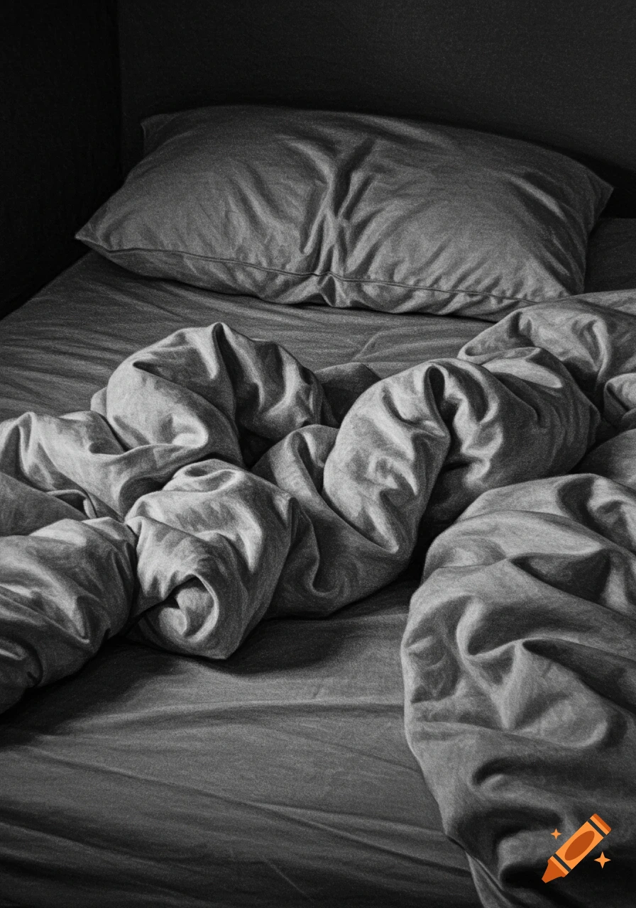 A black and white charcoal drawing of an unmade bed with a rumpled duvet and a single pillow.
