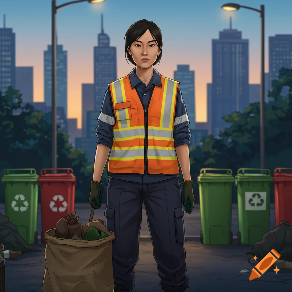 An Asian female garbage collector in an orange safety vest and dark uniform stands with a full trash bag in a city street, with recycling bins and buildings in the background. Illustrated style.
