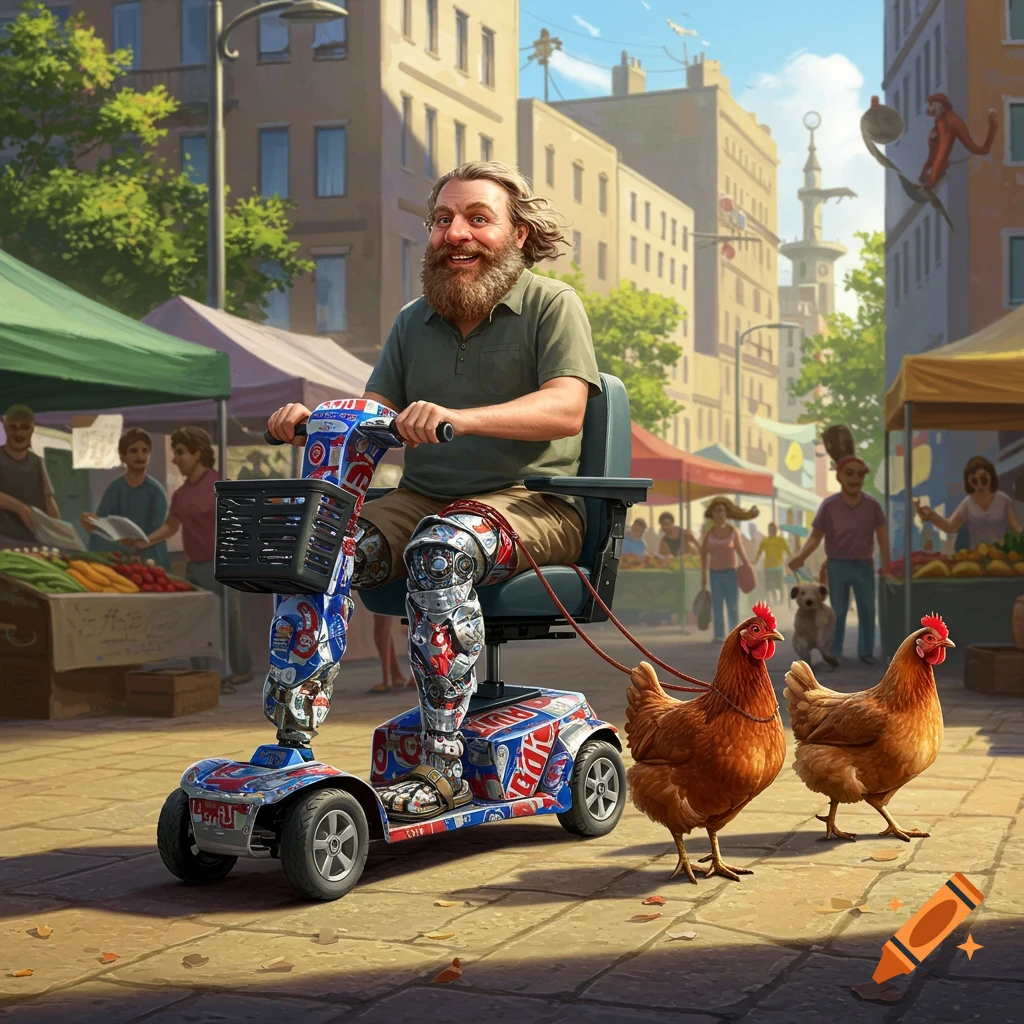 A smiling bearded man on a mobility scooter with a leg made of crushed cans, leashing two chickens on a bustling city street market.