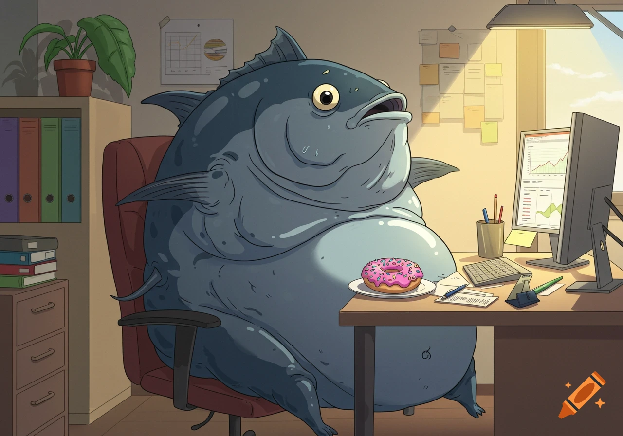 An anime-style, morbidly obese tuna fish sits in an office chair, looking hungrily at a donut on the desk, unable to reach it with its fin.
