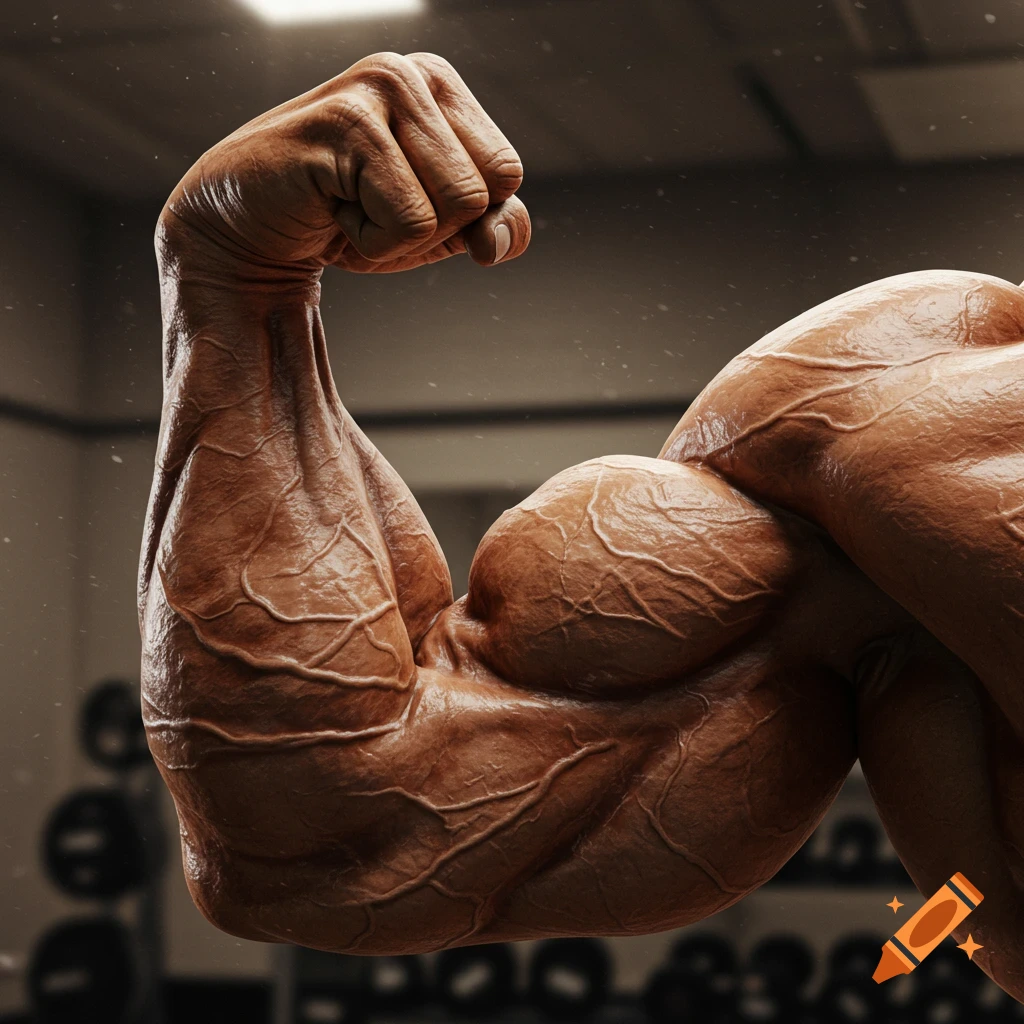 Close-up photorealistic image of a highly muscular, veiny arm flexing in a gym.