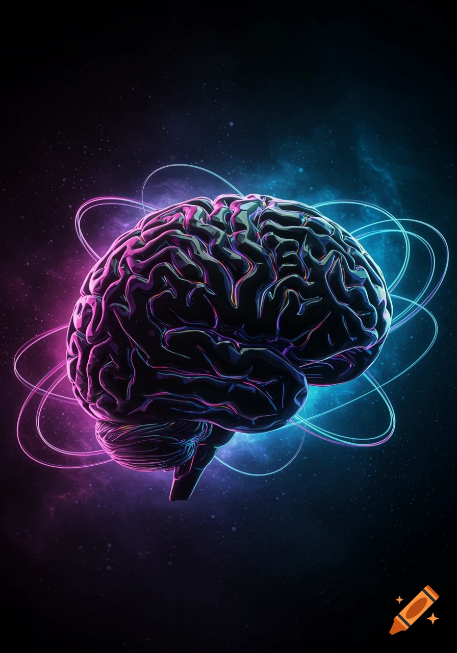 A stylized black and iridescent brain with neon pink and blue light, surrounded by glowing rings against a dark cosmic background.