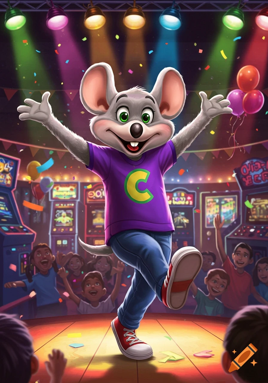 Chuck E. Cheese mascot on a stage with arms raised, surrounded by confetti, balloons, and cheering children in an arcade setting.
