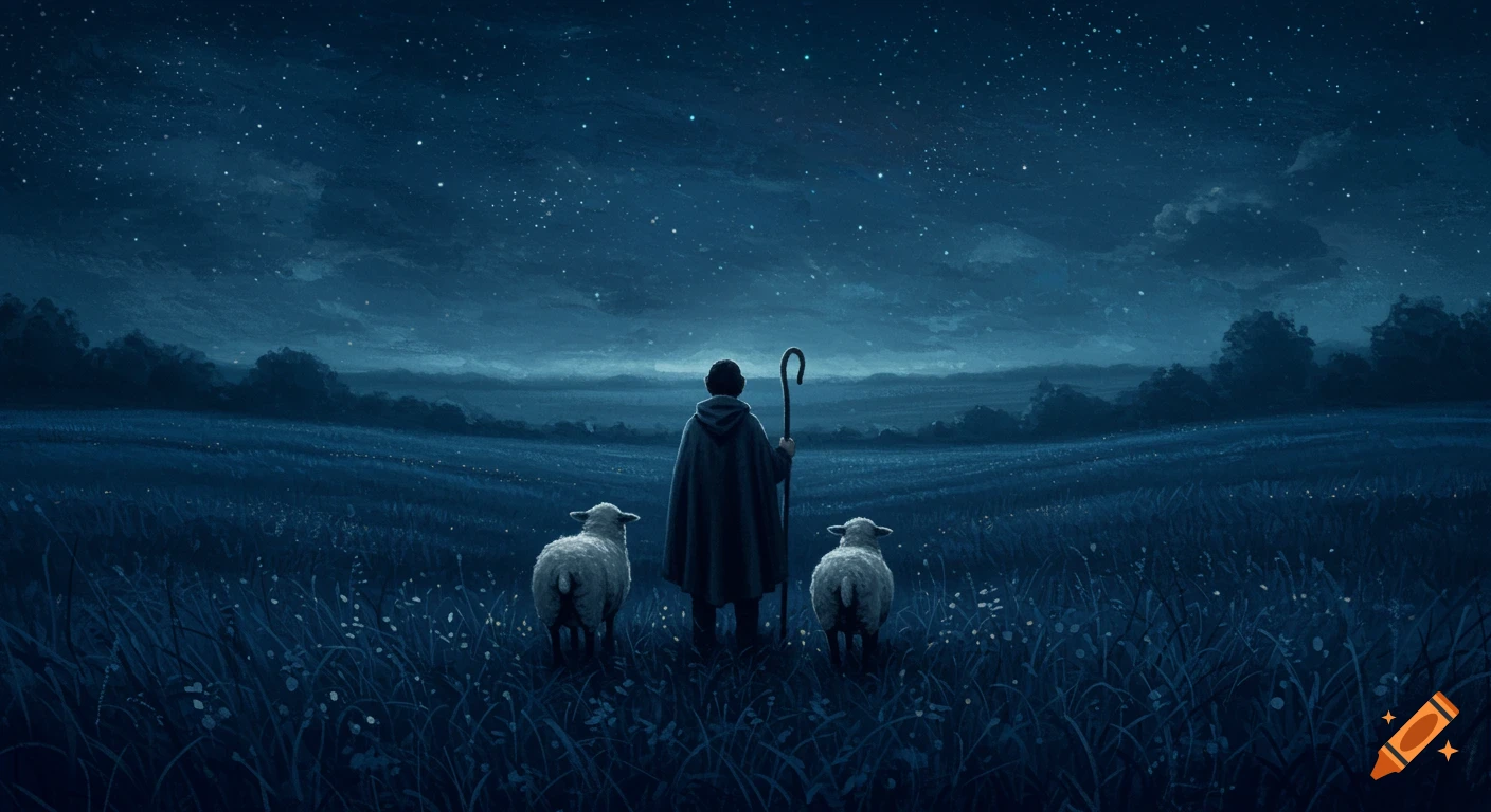 A lone shepherd stands with two sheep in a dark field, gazing at a starry night sky, rendered in an illustrative style.