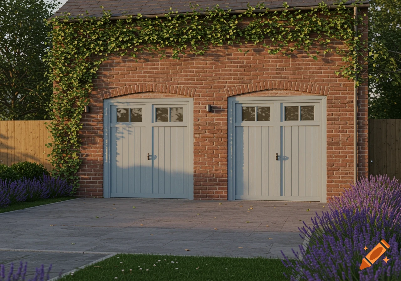 A photorealistic image of a brick double garage with light blue doors and climbing ivy, surrounded by lavender plants and a paved driveway under natural light.