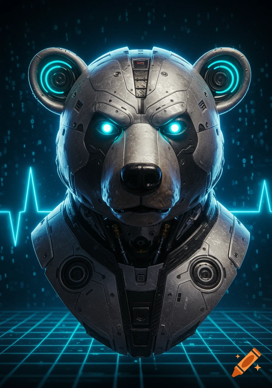 A detailed metallic cyberpunk bear bust with glowing blue eyes and a circuit board background.