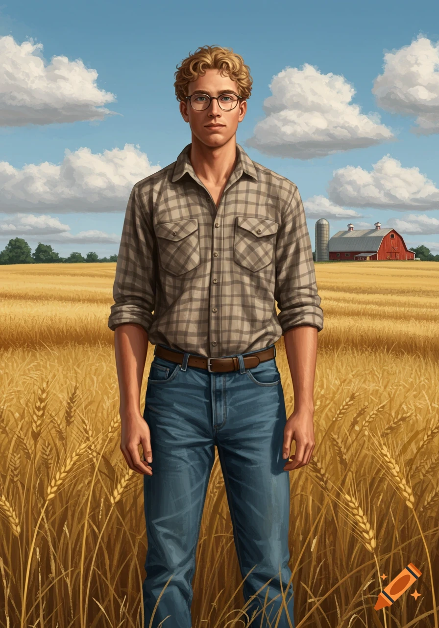 A young man with blonde curly hair and glasses stands in a golden wheat field, wearing a plaid shirt and jeans, with a red barn in the background.
