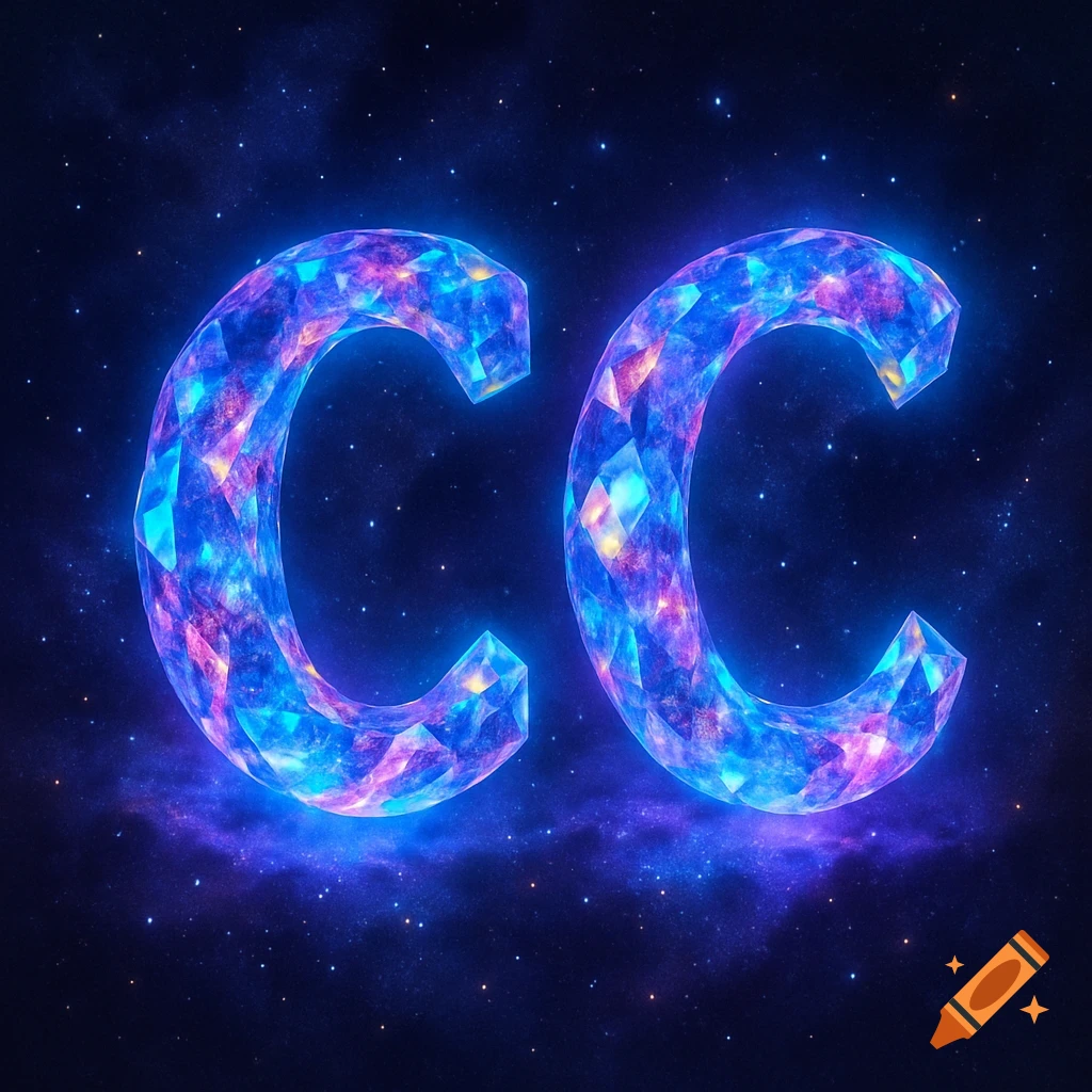 Two large, glowing, faceted letters 'CC' in blue and purple against a dark starry galaxy background.