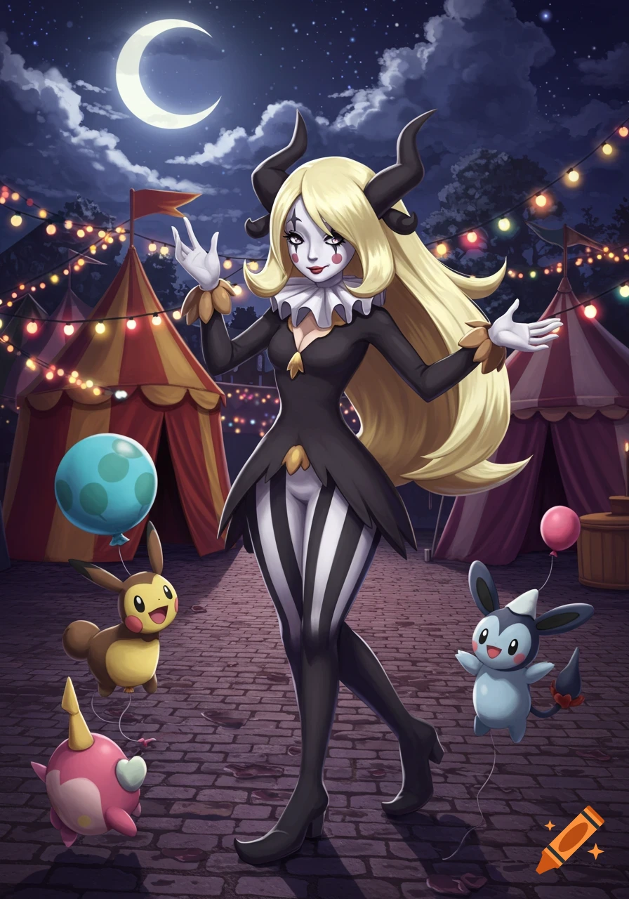 Cynthia from Pokemon dressed as a mime with horns, standing at a night circus with colorful lights, a moon, and several Pokemon characters holding balloons.