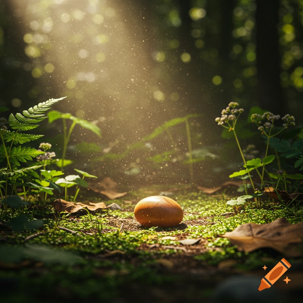 A smooth brown stone or seed rests on mossy ground in a sunlit forest, with light rays piercing through the trees.