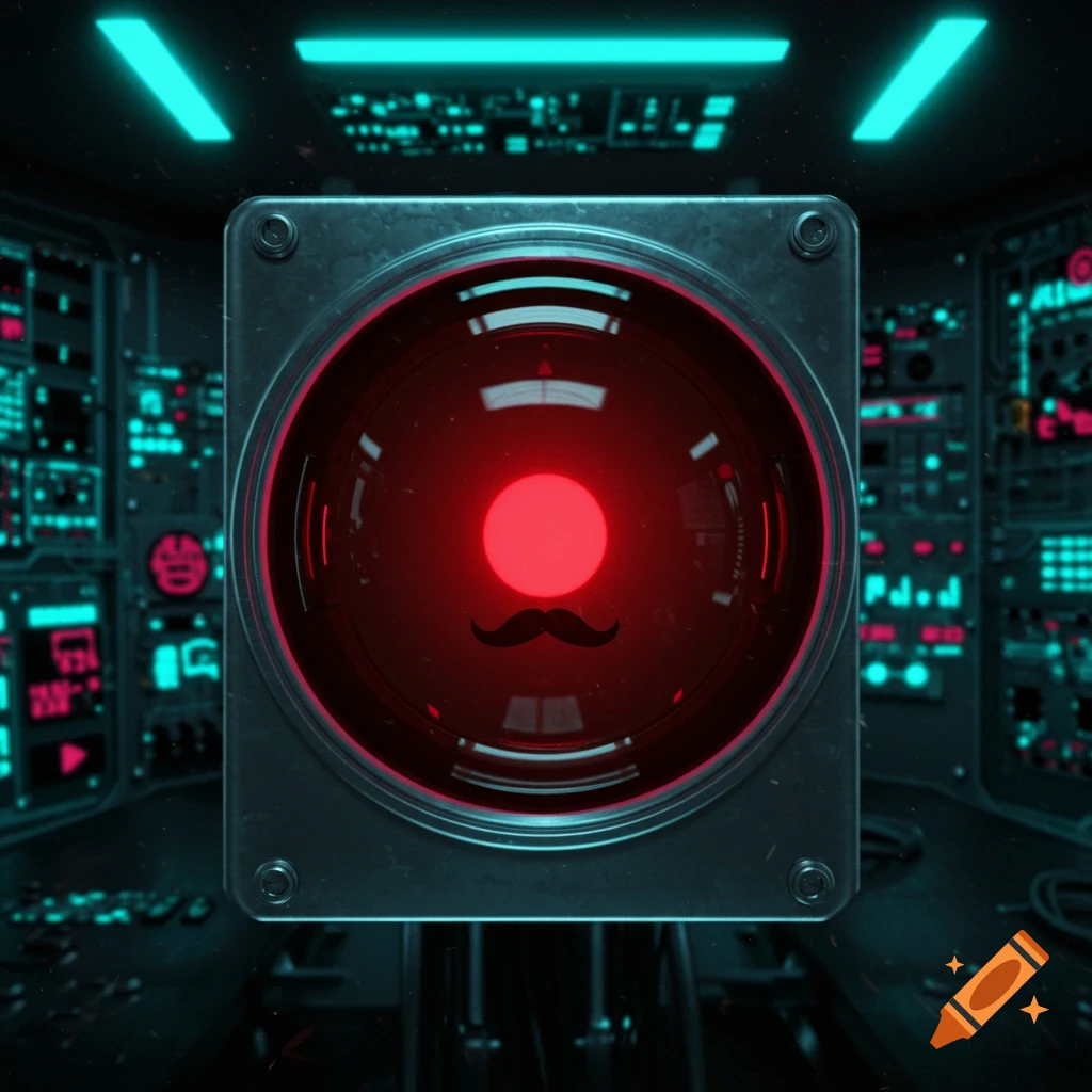 A red glowing AI eye resembling HAL 9000 with a black mustache, set in a dark, futuristic control room with blue-green lights.