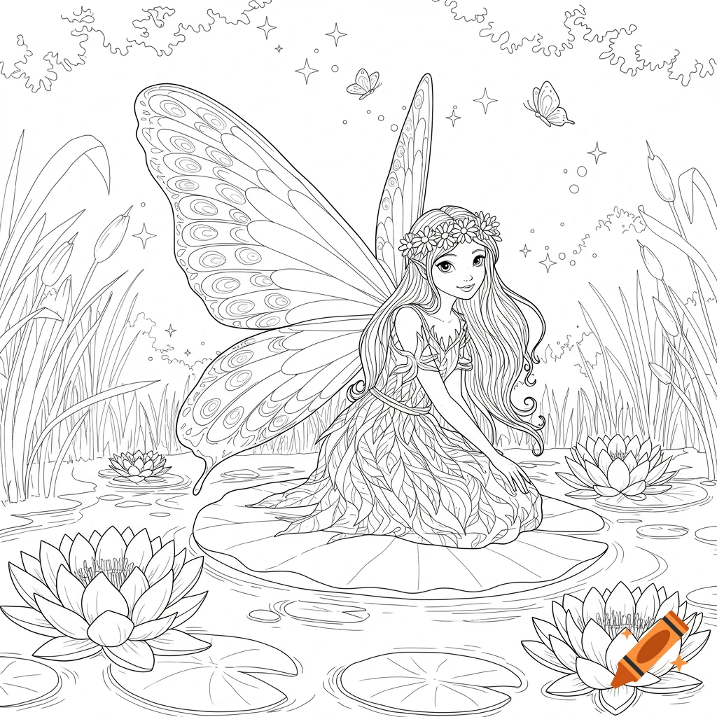 A black and white coloring page of a fairy princess with long hair and wings, sitting on a lily pad in a pond with water lilies and reeds.