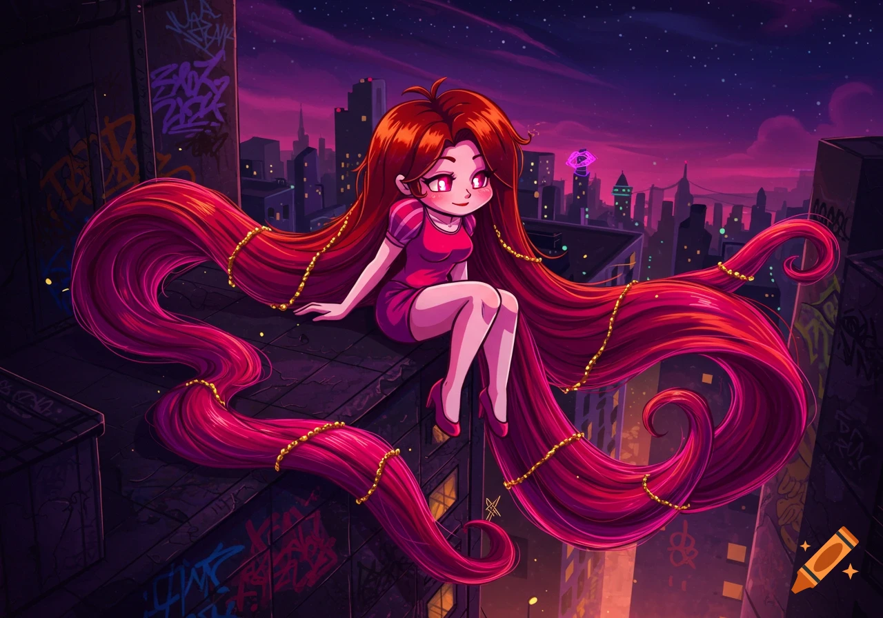 An anime girl with long, flowing red hair adorned with gold chains sits on a city rooftop at night, overlooking a neon-lit skyline under a starry sky.