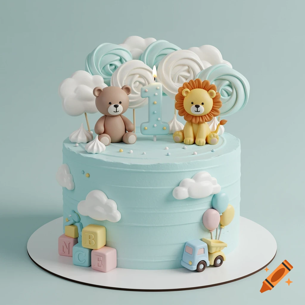 A light blue birthday cake with a number one candle, a teddy bear, a lion cub, colorful blocks, and toy vehicles.