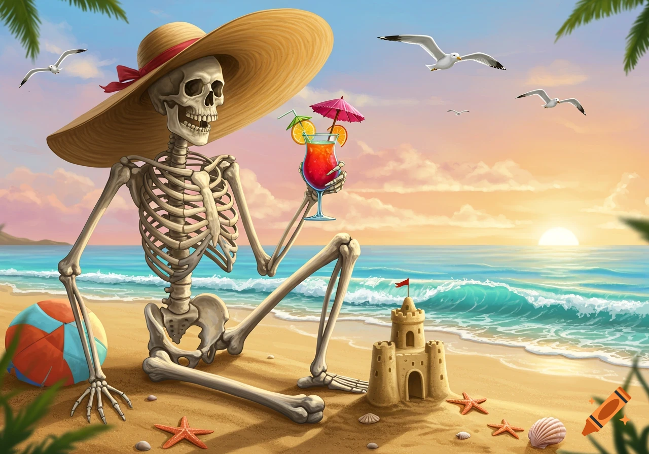Cartoon illustration of a skeleton in a straw hat sitting on a sandy beach at sunset, holding a tropical drink, with a sandcastle and seagulls nearby.