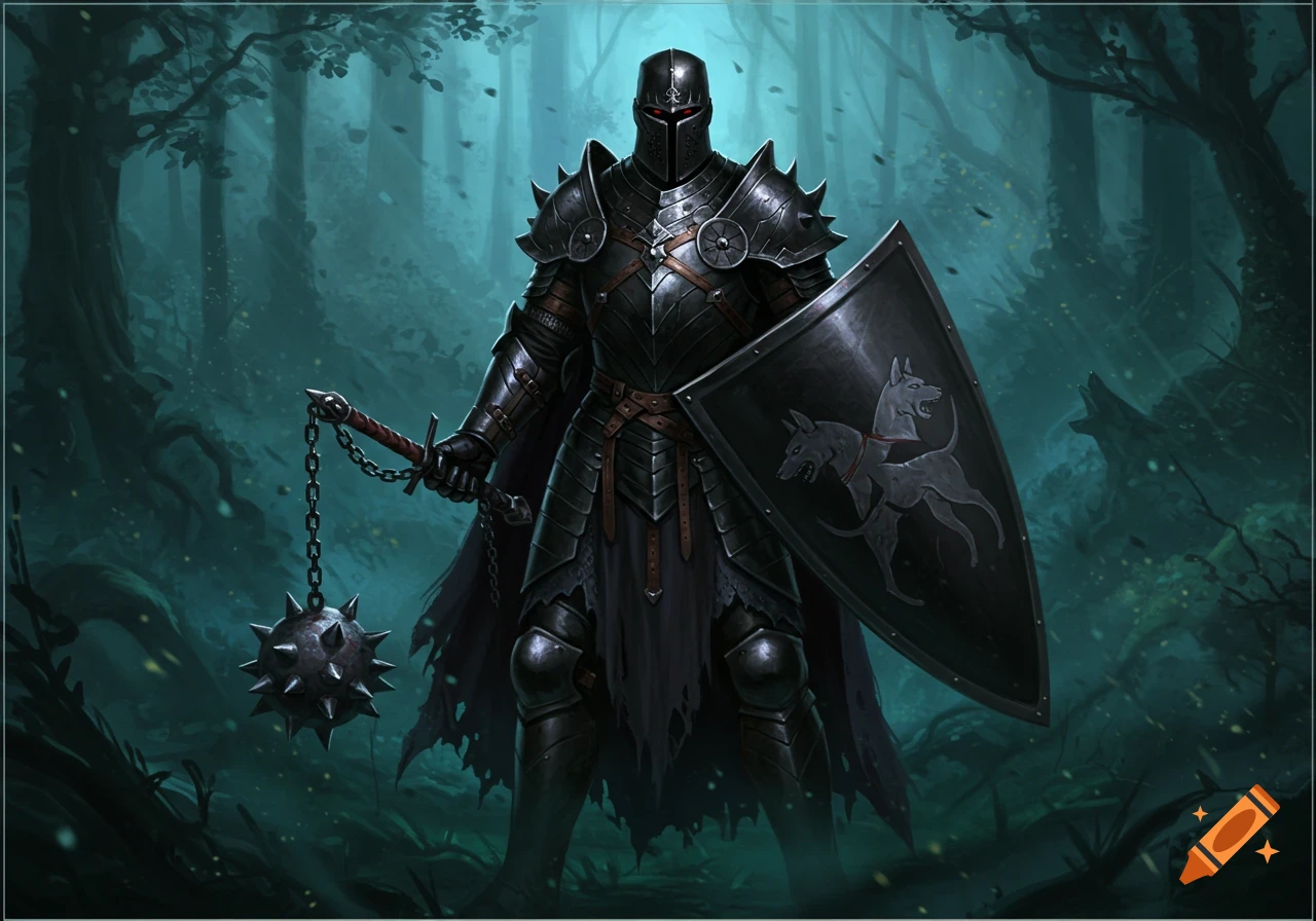 A black knight in full armor stands in a dark forest, holding a spiked flail and a shield with two hounds depicted on it.