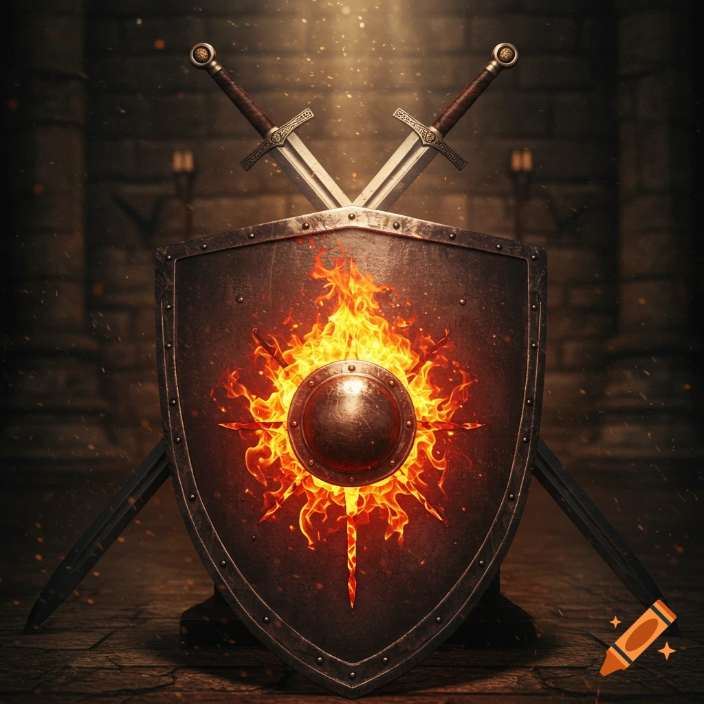 A medieval shield with a fiery emblem and two crossed swords against a dark stone background.