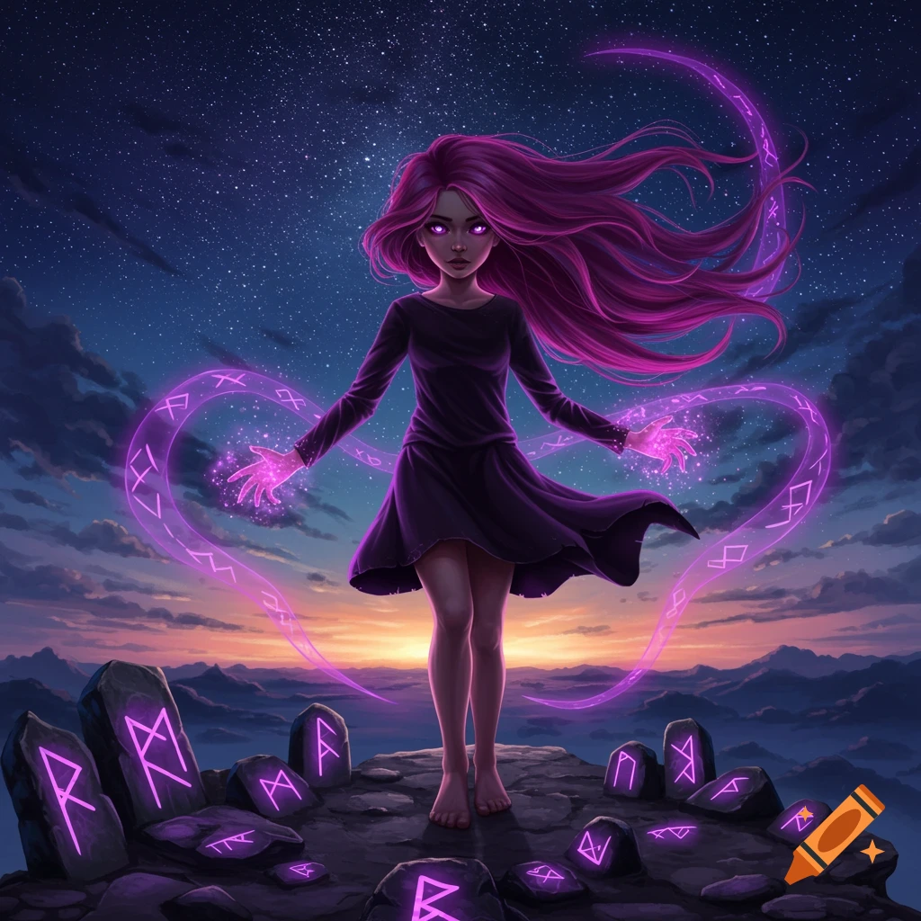 A girl with long purple hair and glowing purple eyes stands barefoot on rocks, casting purple magic with symbols amidst a starry twilight sky and mountain horizon.