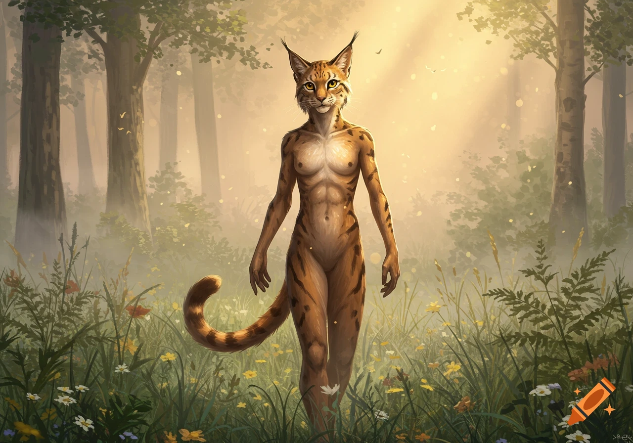 A lynx-like humanoid stands nude in a sunlit, misty forest with wildflowers.