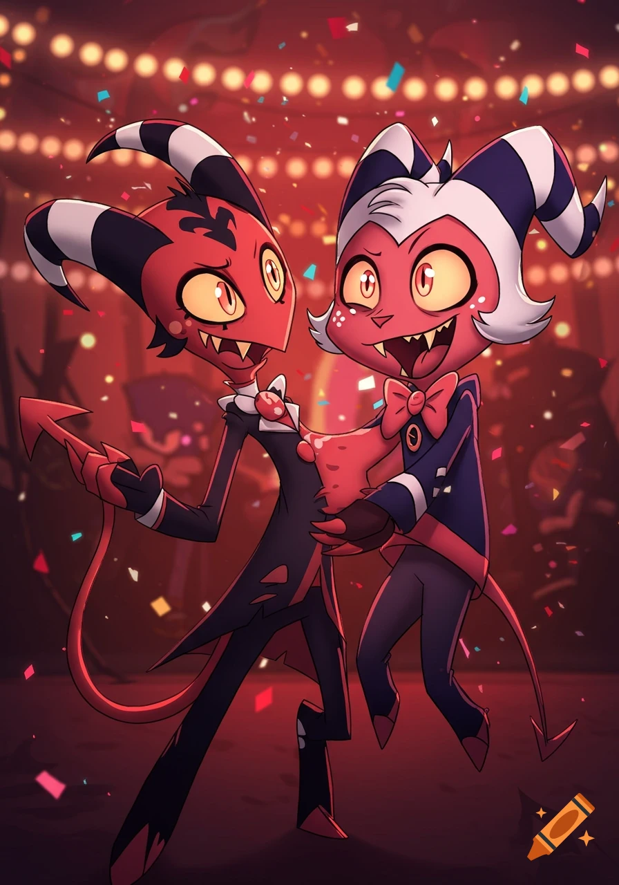 Two red devil-like cartoon characters, Blitz R0and Moxxie from Helluva Boss, dancing at a party with confetti falling.