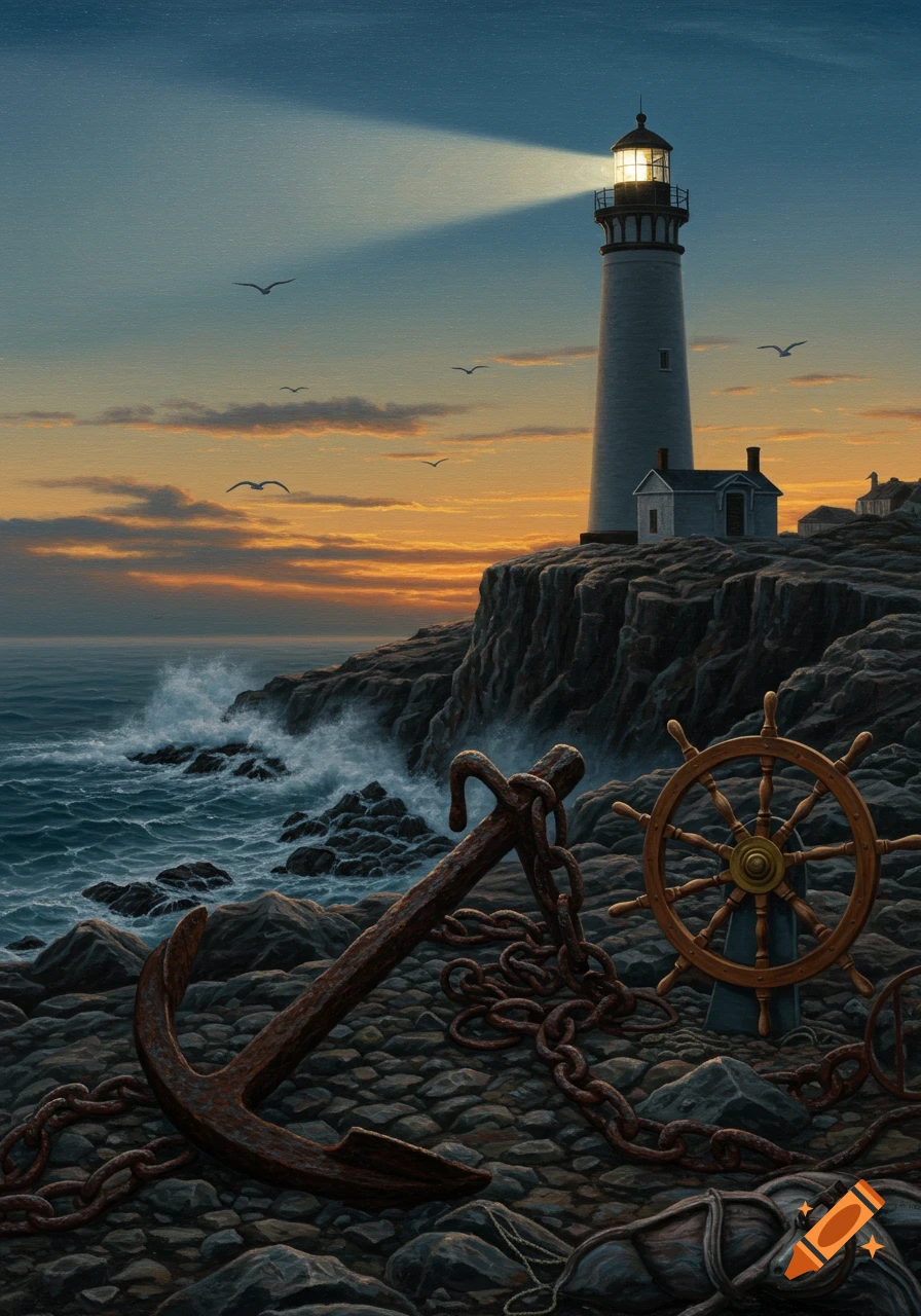 A tall lighthouse on a rocky cliff illuminates the sea at dusk, with a large rusty anchor and ship's wheel in the foreground.
