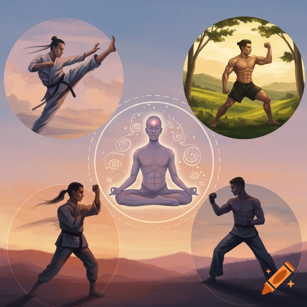 A composite illustration featuring a meditating figure at the center, surrounded by martial artists and a bodybuilder in separate circular frames, set against a sunset landscape.