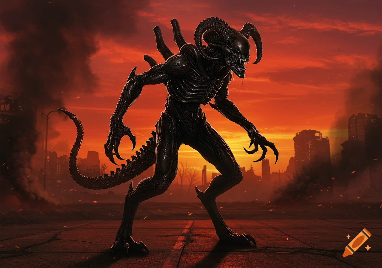 A menacing Xenomorph-Deathclaw hybrid stands on a cracked street in a destroyed city under a fiery red sky.