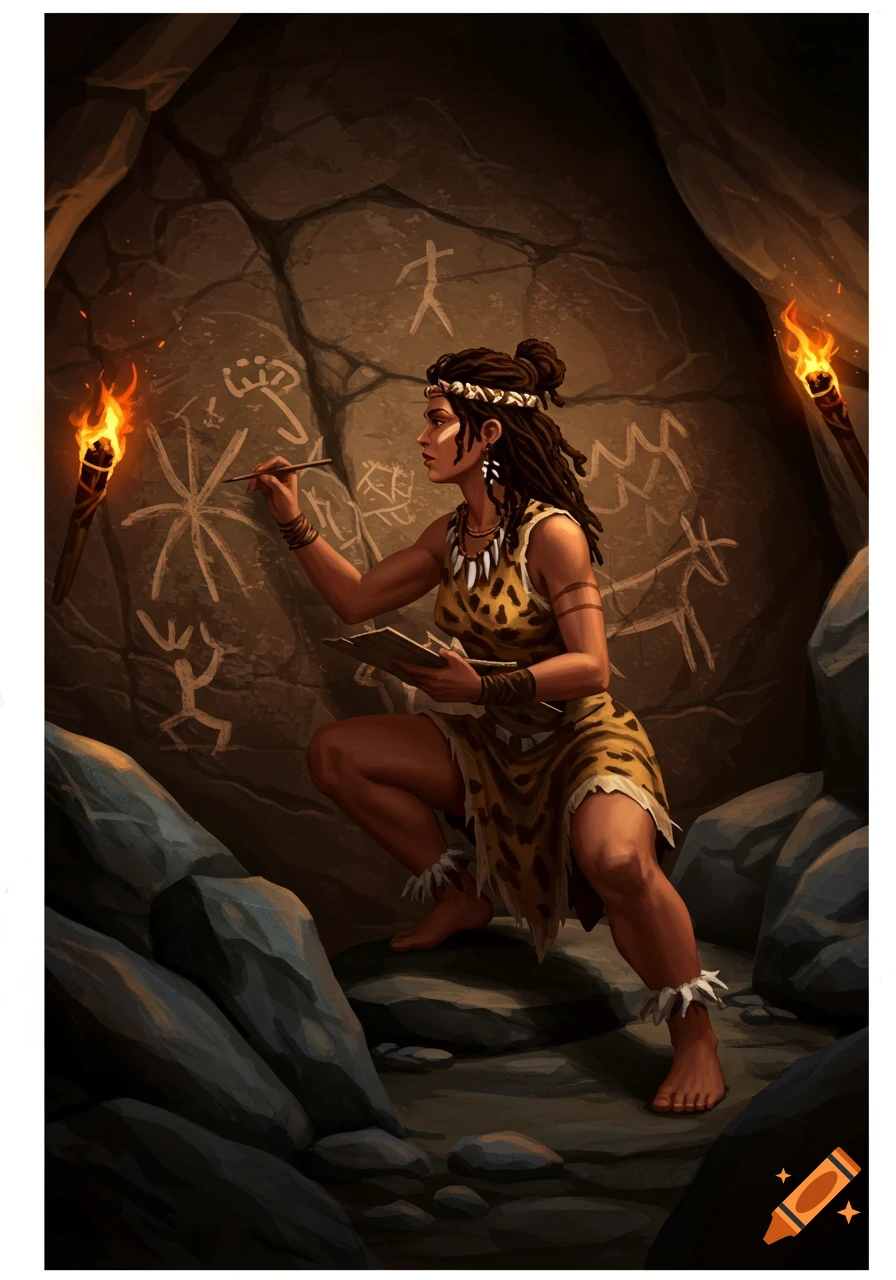 A cave woman with dreadlocks and a leopard print dress draws stick figures and symbols on a cave wall, illuminated by torches.