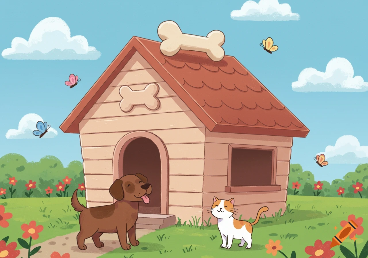 Cartoon illustration of a happy dog and cat in front of a dog house in a green field with flowers and butterflies.