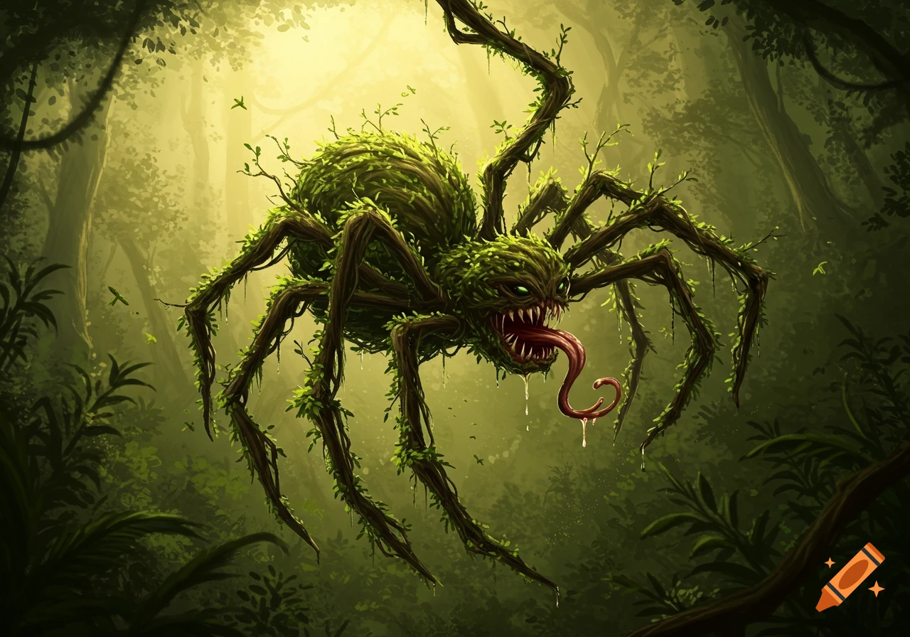 A monstrous spider made of green leaves and branches with sharp teeth and a long, drooling tongue hangs in a lush, luminous jungle.