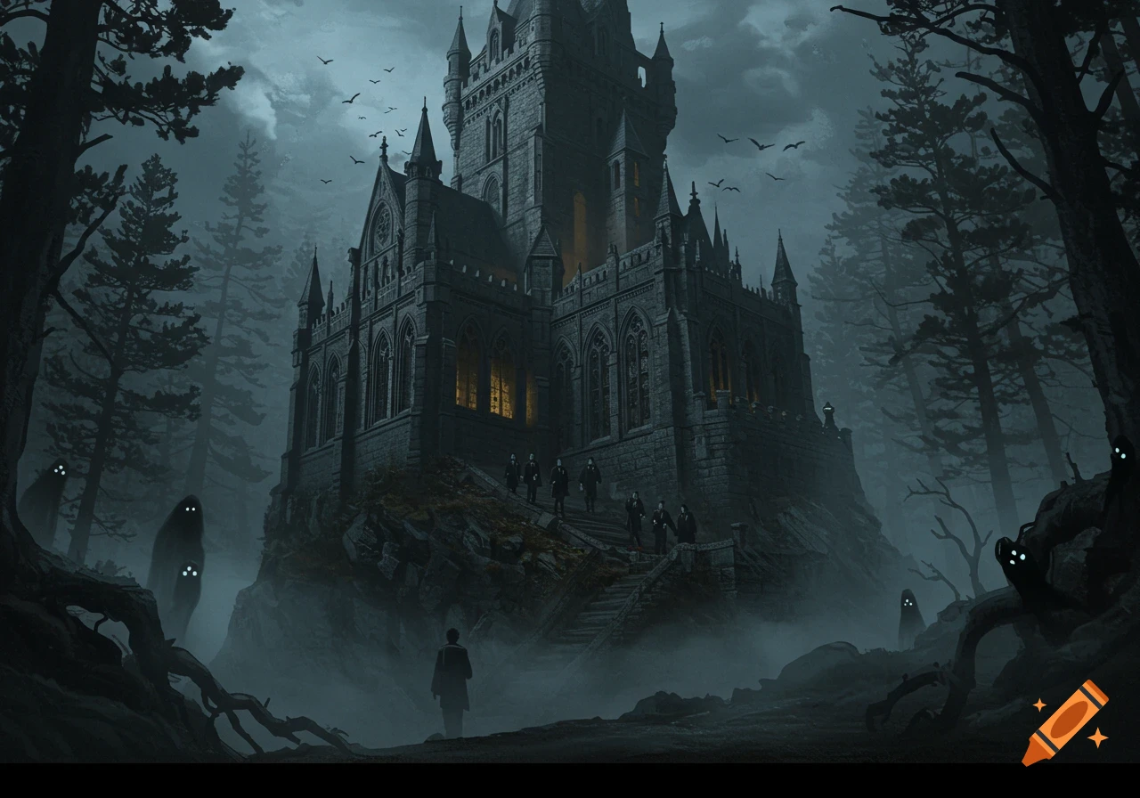 A dark gothic castle on a misty hill surrounded by black pine trees and spooky figures.